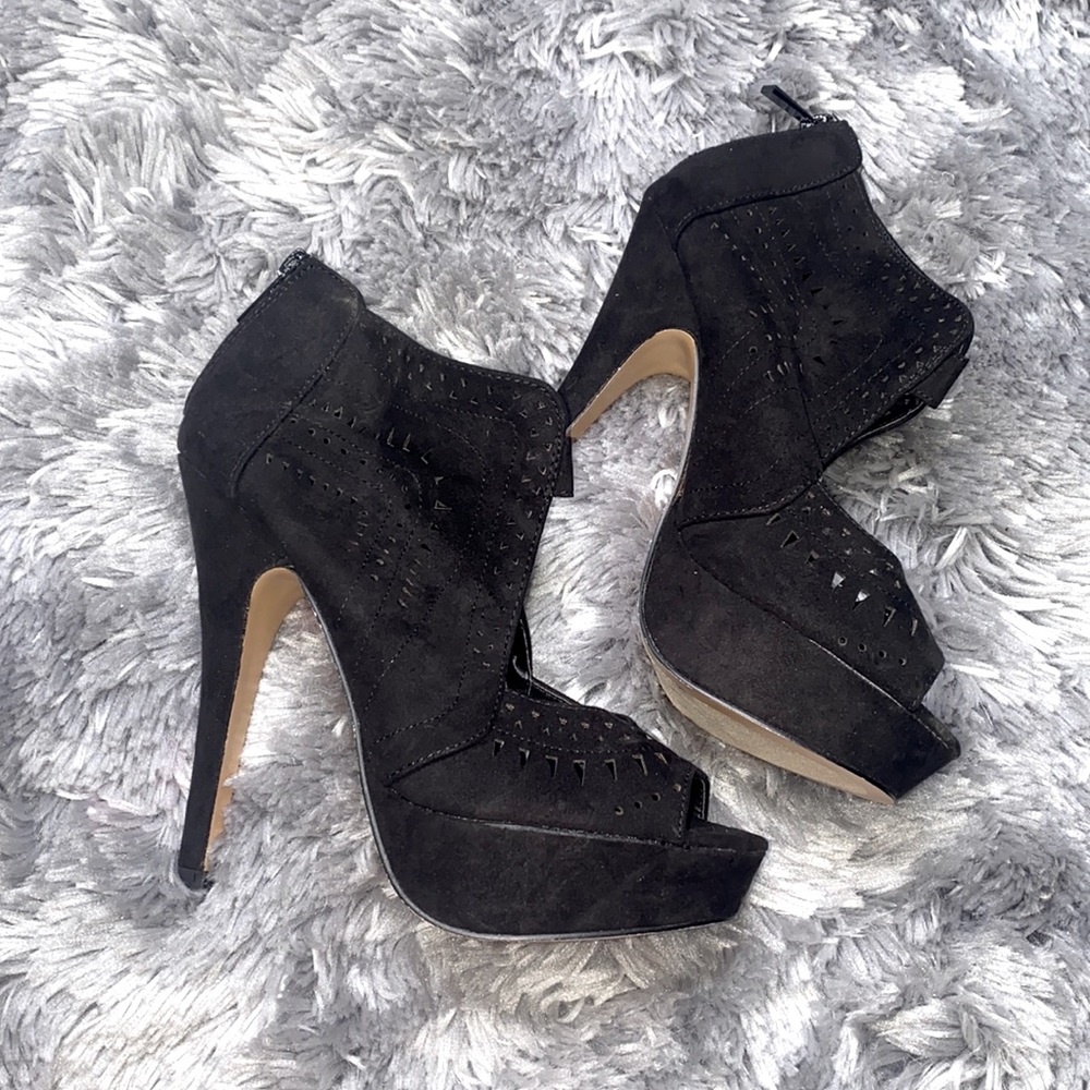 Just Fab Black Suede Peep Toe Stiletto Heels Size 7.5